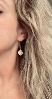 Gold Clover Earring - sweet little stamped 4 leaf/lobe Irish good luck charm on long latching kidney hook - raised design w/ ornate detail - Constant Baubling