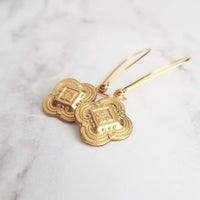 Gold Clover Earring - sweet little stamped 4 leaf/lobe Irish good luck charm on long latching kidney hook - raised design w/ ornate detail - Constant Baubling