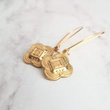 Gold Clover Earring - sweet little stamped 4 leaf/lobe Irish good luck charm on long latching kidney hook - raised design w/ ornate detail - Constant Baubling