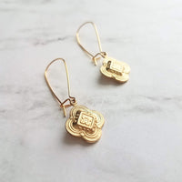 Gold Clover Earring - sweet little stamped 4 leaf/lobe Irish good luck charm on long latching kidney hook - raised design w/ ornate detail - Constant Baubling