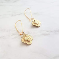 Gold Clover Earring - sweet little stamped 4 leaf/lobe Irish good luck charm on long latching kidney hook - raised design w/ ornate detail - Constant Baubling