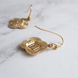 Clover Earring - sweet little gold stamped 4 leaf/lobe Irish charm on small plain ear hook - raised design w/ boho ornate detail - Constant Baubling
