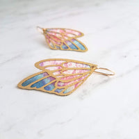 Large Wing Earrings, solid gold hooks, 14K gold fill hooks, sheer fabric earring, rainbow butterfly earring, angel wing, colorful wings - Constant Baubling