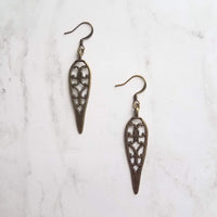 Long Bronze Earrings, antique brass earring, cathedral style earring, bronze filigree earring, cut out earring, inverted teardrop earring - Constant Baubling