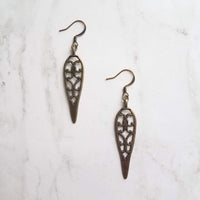 Long Bronze Earrings, antique brass earring, cathedral style earring, bronze filigree earring, cut out earring, inverted teardrop earring - Constant Baubling
