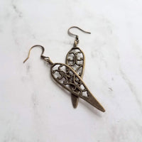 Long Bronze Earrings, antique brass earring, cathedral style earring, bronze filigree earring, cut out earring, inverted teardrop earring - Constant Baubling