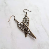 Long Bronze Earrings, antique brass earring, cathedral style earring, bronze filigree earring, cut out earring, inverted teardrop earring - Constant Baubling