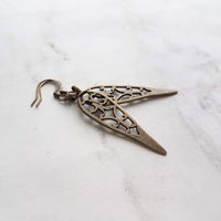 Long Bronze Earrings, antique brass earring, cathedral style earring, bronze filigree earring, cut out earring, inverted teardrop earring - Constant Baubling