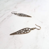 Long Bronze Earrings, antique brass earring, cathedral style earring, bronze filigree earring, cut out earring, inverted teardrop earring - Constant Baubling