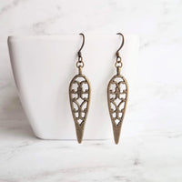Long Bronze Earrings, antique brass earring, cathedral style earring, bronze filigree earring, cut out earring, inverted teardrop earring - Constant Baubling