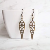 Long Bronze Earrings, antique brass earring, cathedral style earring, bronze filigree earring, cut out earring, inverted teardrop earring - Constant Baubling