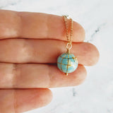 Earth Necklace, 14K gold fill chain, turquoise stone globe, world pendant, gemstone globe, travel gift, long distance far away friend planet - Constant Baubling