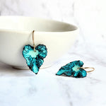 Aqua Leaf Earrings, 14K gold fill hooks, blue green leaf earrings, verdigris patina leaves, patina earrings, wavy leaf earrings large leaves - Constant Baubling