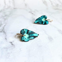 Aqua Leaf Earrings, 14K gold fill hooks, blue green leaf earrings, verdigris patina leaves, patina earrings, wavy leaf earrings large leaves - Constant Baubling