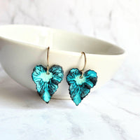 Aqua Leaf Earrings, 14K gold fill hooks, blue green leaf earrings, verdigris patina leaves, patina earrings, wavy leaf earrings large leaves - Constant Baubling
