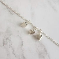 Minimalist Geometric Necklace - silver tiny double pyramid spear charm trio - small octahedron diamond shape charm dangle pendant jewelry - Constant Baubling