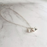 Minimalist Geometric Necklace - silver tiny double pyramid spear charm trio - small octahedron diamond shape charm dangle pendant jewelry - Constant Baubling
