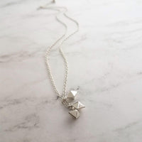 Minimalist Geometric Necklace - silver tiny double pyramid spear charm trio - small octahedron diamond shape charm dangle pendant jewelry - Constant Baubling