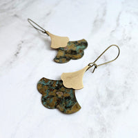 Patina Leaf Earrings - Asian style large blue green copper verdigris & smaller gold brass ginkgo leaves - mottled oxidized rustic jewelry - Constant Baubling