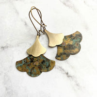 Patina Leaf Earrings - Asian style large blue green copper verdigris & smaller gold brass ginkgo leaves - mottled oxidized rustic jewelry - Constant Baubling