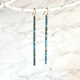 Long Thin Earrings - flat narrow bar in blue green aqua brown copper verdigris patina - handmade simple line stick - delicate ear hooks - Constant Baubling