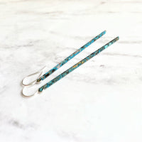 Long Thin Earrings - flat narrow bar in blue green aqua brown copper verdigris patina - handmade simple line stick - delicate ear hooks - Constant Baubling