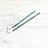Long Thin Earrings - flat narrow bar in blue green aqua brown copper verdigris patina - handmade simple line stick - delicate ear hooks - Constant Baubling