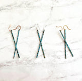 Long Thin Earrings - flat narrow bar in blue green aqua brown copper verdigris patina - handmade simple line stick - delicate ear hooks - Constant Baubling