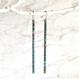 Long Thin Earrings - flat narrow bar in blue green aqua brown copper verdigris patina - handmade simple line stick - delicate ear hooks - Constant Baubling