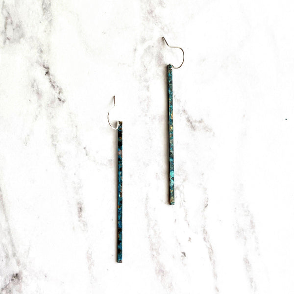 Skinny Bar Earrings - long thin flat stick in verdigris patina - blue green aqua brown copper simple narrow line charm - delicate ear hooks - Constant Baubling