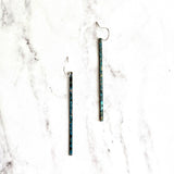 Long Thin Earrings - flat narrow bar in blue green aqua brown copper verdigris patina - handmade simple line stick - delicate ear hooks - Constant Baubling
