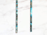 Long Thin Earrings - flat narrow bar in blue green aqua brown copper verdigris patina - handmade simple line stick - delicate ear hooks - Constant Baubling