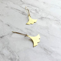 Gold Leaf Earrings, Asian earrings, ginkgo earring, brushed gold earring, brass earring, ruffled edge charm, resilience endurance longevity - Constant Baubling