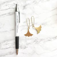 Gold Leaf Earrings, Asian earrings, ginkgo earring, brushed gold earring, brass earring, ruffled edge charm, resilience endurance longevity - Constant Baubling
