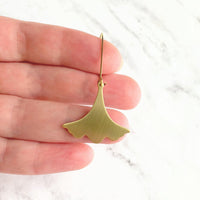 Gold Leaf Earrings, Asian earrings, ginkgo earring, brushed gold earring, brass earring, ruffled edge charm, resilience endurance longevity - Constant Baubling