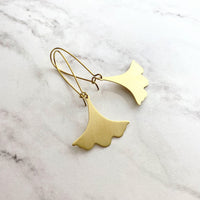 Gold Leaf Earrings, Asian earrings, ginkgo earring, brushed gold earring, brass earring, ruffled edge charm, resilience endurance longevity - Constant Baubling