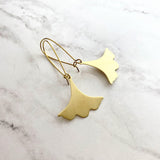 Gold Leaf Earrings, Asian earrings, ginkgo earring, brushed gold earring, brass earring, ruffled edge charm, resilience endurance longevity - Constant Baubling