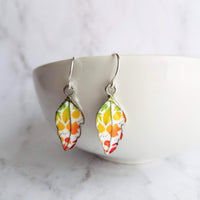 Fall Leaf Earrings - little enamel yellow orange red green tiny rainbow print leaves charm - sterling silver hook upgrade - autumn jewelry - Constant Baubling