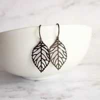 Gunmetal Leaf Earrings, shiny black earring, silver black leaves, small black earring, delicate leaf, black filigree earring little gunmetal - Constant Baubling