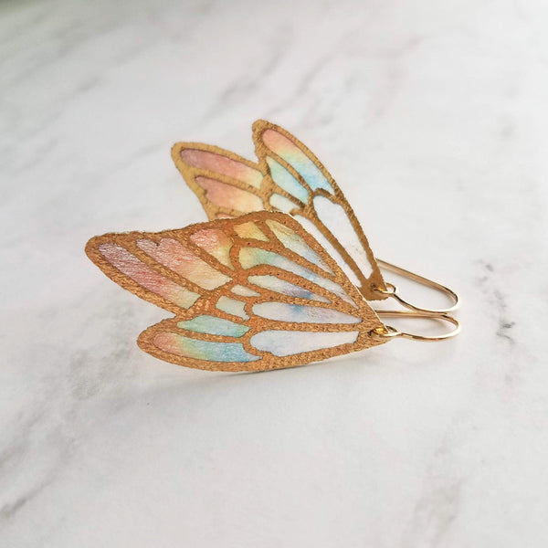 Wing Earrings, 14K SOLID or gold fill hook, 2 inch earring, rainbow butterfly earring, angel earring, stained glass fabric, long large wing - Constant Baubling