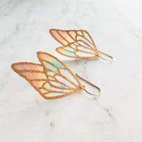 Wing Earrings, 14K SOLID or gold fill hook, 2 inch earring, rainbow butterfly earring, angel earring, stained glass fabric, long large wing - Constant Baubling