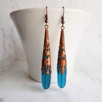 Long Copper Sea Glass Earrings - frosted elongated narrow teal blue teardrop in ornate lacy filigree oxidized antiqued thin cone wrap 3 inch - Constant Baubling