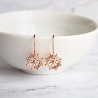 Boat Helm Earrings - rose gold nautical ship steering wheel - leadership responsibility victory symbol jewelry - captain sailing gift - Constant Baubling