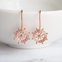 Boat Helm Earrings - rose gold nautical ship steering wheel - leadership responsibility victory symbol jewelry - captain sailing gift - Constant Baubling