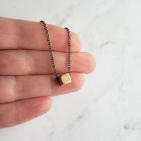 Gold Cube Necklace - solid square brass slider bead on delicate 20 inch silver black chain - minimalist everyday simple plain necklace gift - Constant Baubling
