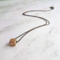 Gold Cube Necklace - solid square brass slider bead on delicate 20 inch silver black chain - minimalist everyday simple plain necklace gift - Constant Baubling