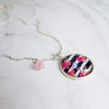 Navy White Stripe Necklace - floral overlay round 1 inch pendant/baby pink glass flower charm - thin silver chain - tween/teen girl gift - Constant Baubling