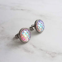 Gold Mermaid Earring, small round studs, gold hypoallergenic studs, rainbow fish earring, fish scale earring, gold opal earring, gold studs - Constant Baubling