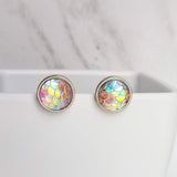 Pink Mermaid Earrings, small round studs, hypoallergenic studs, rainbow fish earring, fish scale earring, opal earring, AB pastel iridescent - Constant Baubling