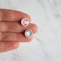 Pink Mermaid Earrings, small round studs, hypoallergenic studs, rainbow fish earring, fish scale earring, opal earring, AB pastel iridescent - Constant Baubling